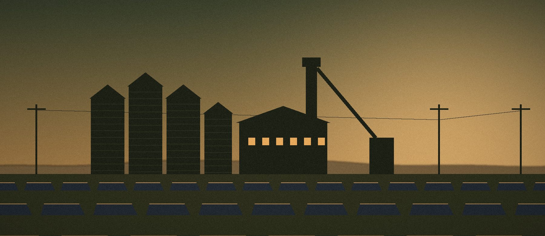 Illustration: grain silos, a rice mill and solar arrays at dusk