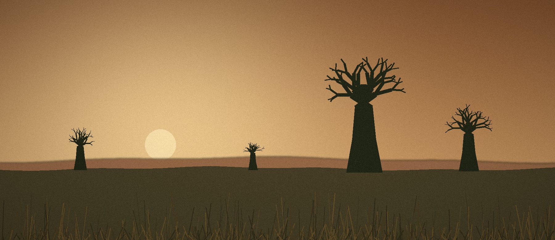 Illustration: baobab trees on the savanna at dusk